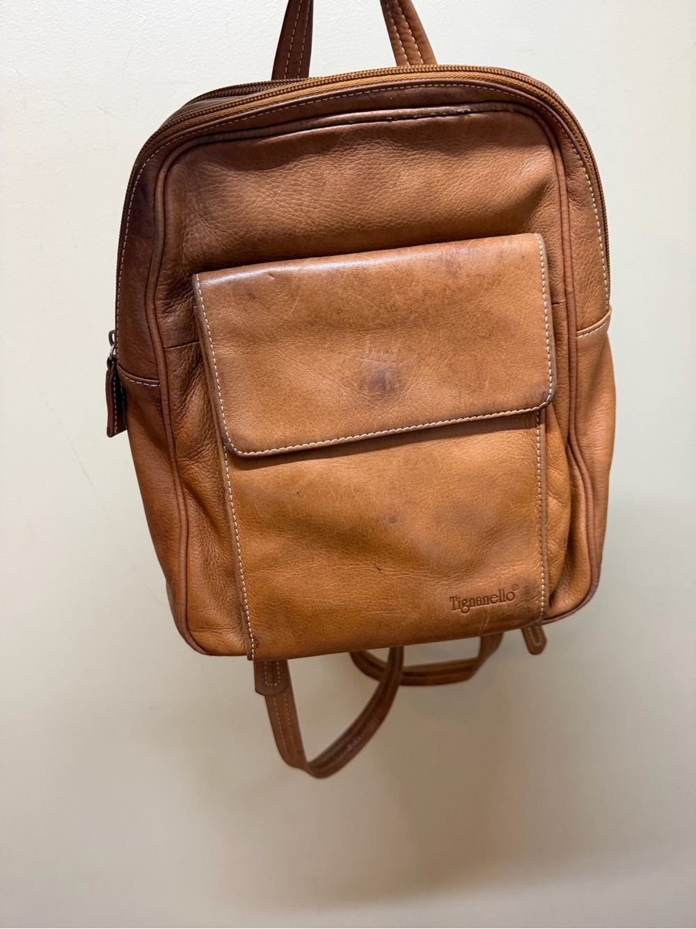 Tignanello Soft Leather Backpack Purse Brown Travel Zip Bohemian Multi Pockets